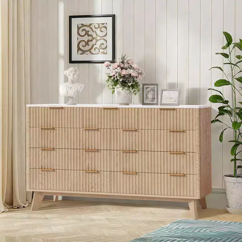 COZONY 54 Wide 9 Drawer Dresser, Modern Wooden Chest with Fluted Wave Design and Metal Handles
