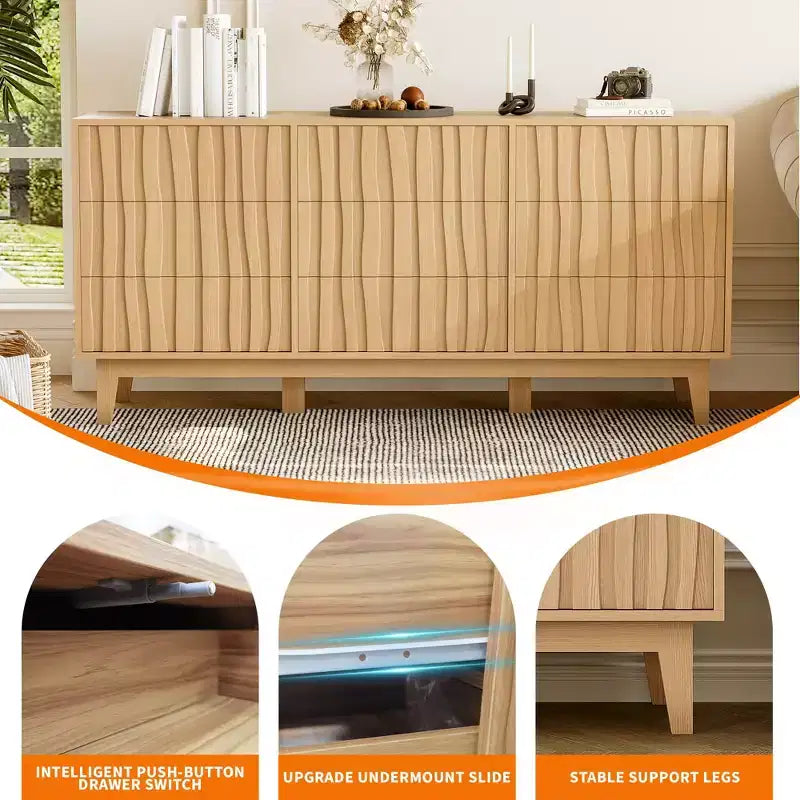 COZONY 57 Wide Fluted Dresser with 9 Drawers, Modern Wooden Storage Cabinet for Bedroom or Living Room