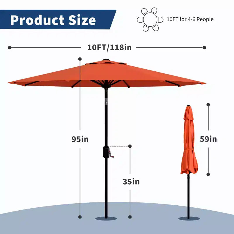 10FT Patio Umbrella with Crank Lift & Push Button Tilt  8 Sturdy Ribs, sun protection factor 50+ UV Protection, Waterproof Outdoor Market Parasol