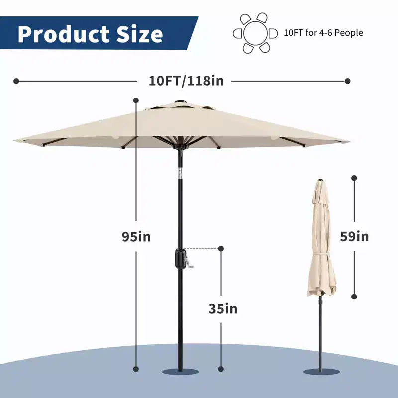 10FT Patio Umbrella with Crank Lift & Push Button Tilt  8 Sturdy Ribs, sun protection factor 50+ UV Protection, Waterproof Outdoor Market Parasol