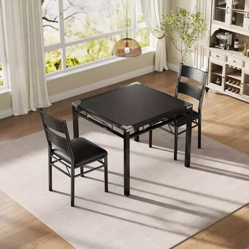 Dining Table Set with Upholstered Chairs, Compact Space-Saving Kitchen Furniture with Corner Guards for Apartment Home, Black, 2+1