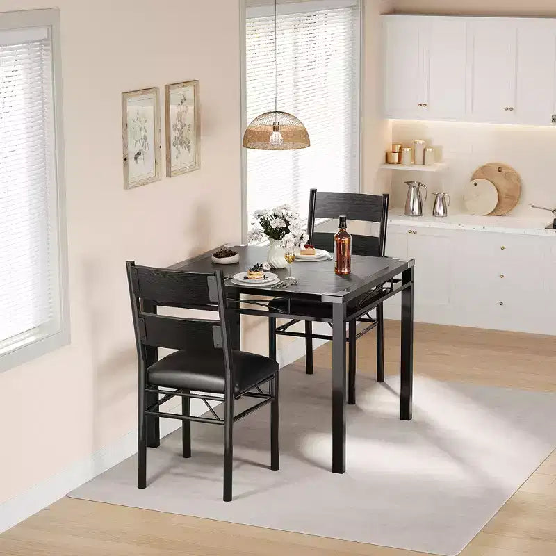Dining Table Set with Upholstered Chairs, Compact Space-Saving Kitchen Furniture with Corner Guards for Apartment Home, Black, 2+1