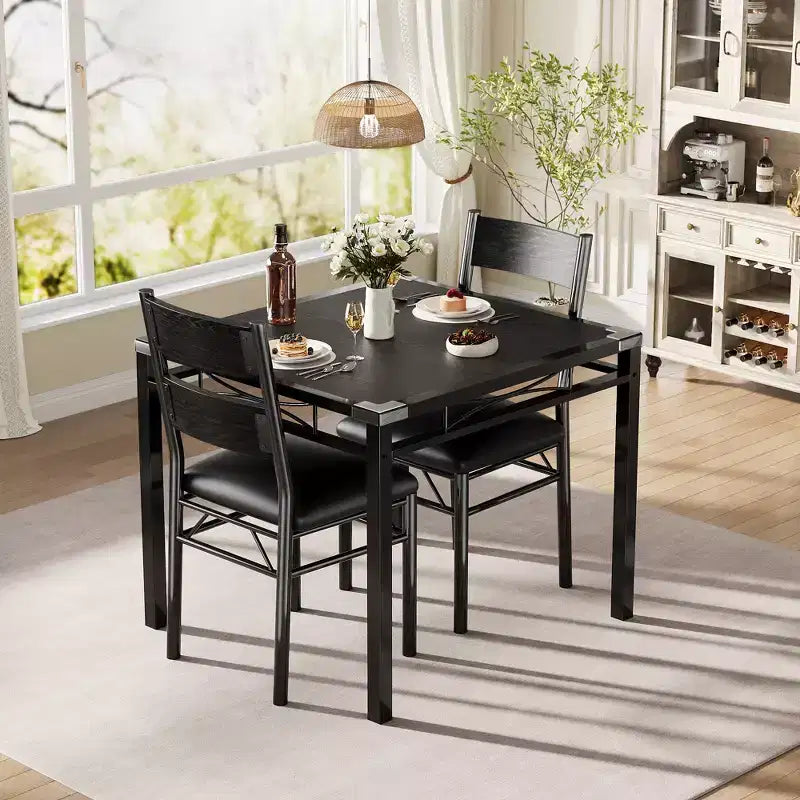 Dining Table Set with Upholstered Chairs, Compact Space-Saving Kitchen Furniture with Corner Guards for Apartment Home, Black, 2+1