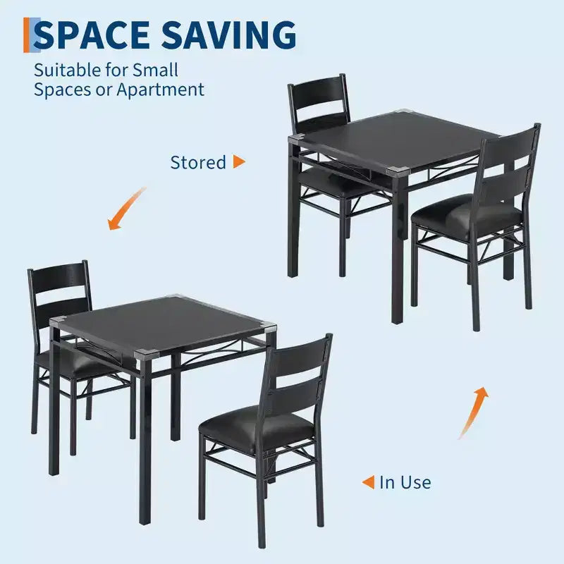 Dining Table Set with Upholstered Chairs, Compact Space-Saving Kitchen Furniture with Corner Guards for Apartment Home, Black, 2+1