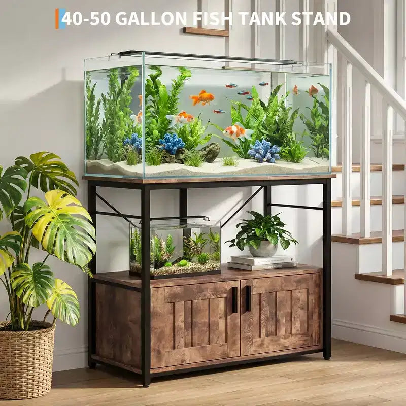 Heavy Duty Aquarium Stand for 40-50 Gallon Tank  Metal & Wood Cabinet, Holds 660lbs, Storage for Fish Accessories, Stylish Organizer for Home