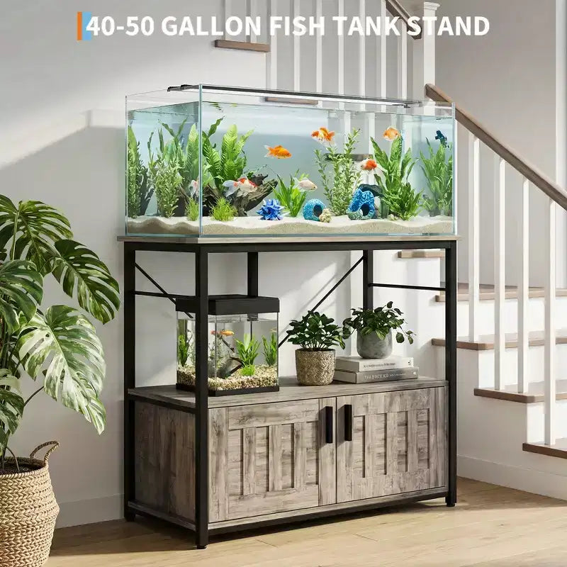 Heavy Duty Aquarium Stand for 40-50 Gallon Tank  Metal & Wood Cabinet, Holds 660lbs, Storage for Fish Accessories, Stylish Organizer for Home