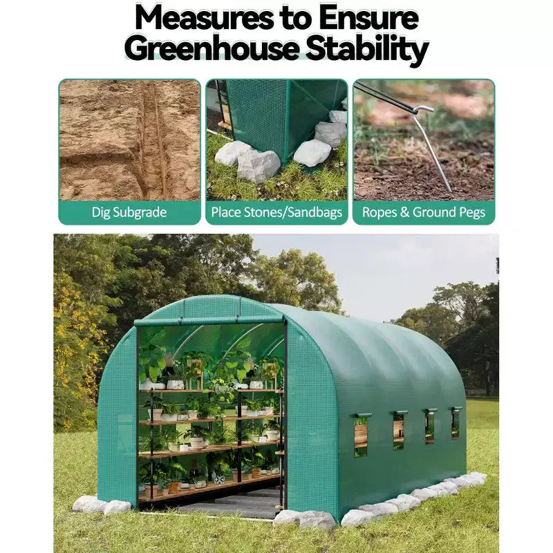Walk-In Greenhouse Tunnel,Galvanized Steel Frame with 8 Mesh Ventilation Windows, Roll-Up Zipper Door, Durable PE Cover for Vegetables Flowers