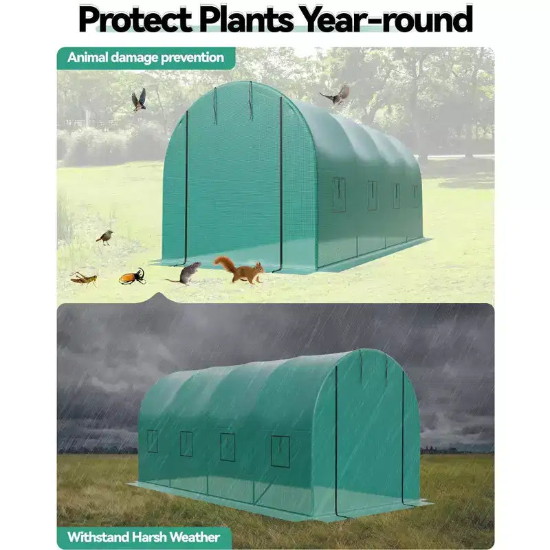 Walk-In Greenhouse Tunnel,Galvanized Steel Frame with 8 Mesh Ventilation Windows, Roll-Up Zipper Door, Durable PE Cover for Vegetables Flowers