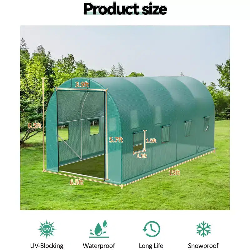 Walk-In Greenhouse Tunnel,Galvanized Steel Frame with 8 Mesh Ventilation Windows, Roll-Up Zipper Door, Durable PE Cover for Vegetables Flowers
