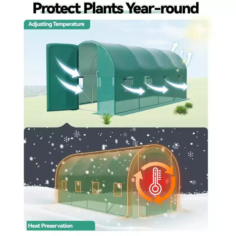 Walk-In Greenhouse Tunnel,Galvanized Steel Frame with 8 Mesh Ventilation Windows, Roll-Up Zipper Door, Durable PE Cover for Vegetables Flowers