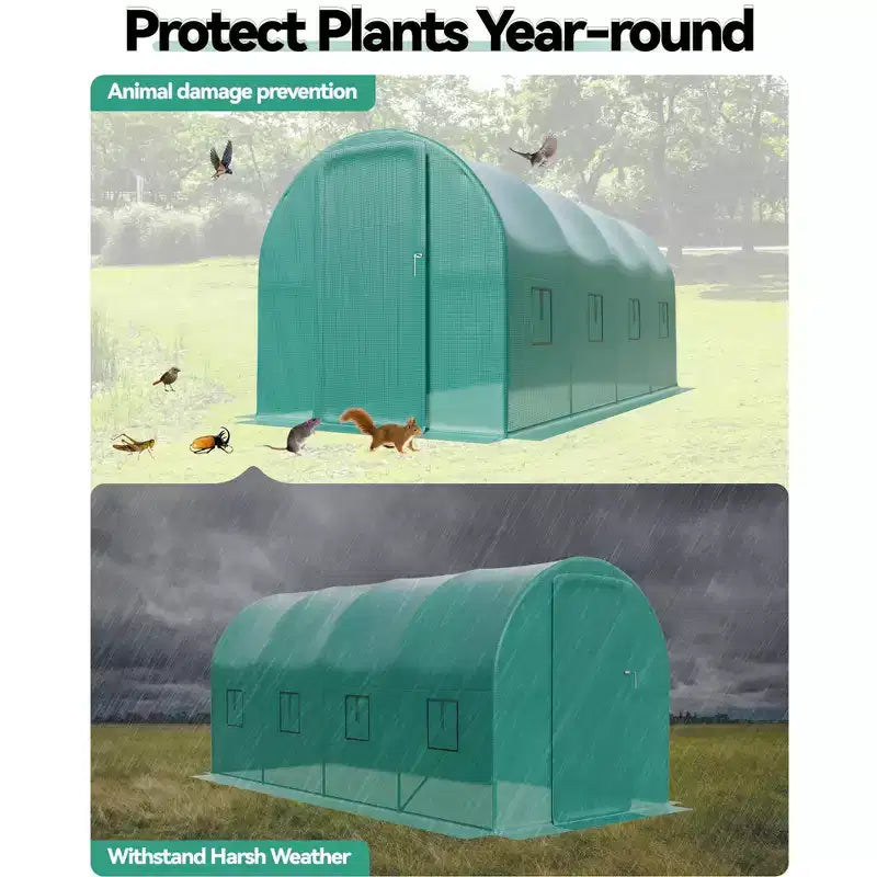 Walk-In Greenhouse Tunnel,Galvanized Steel Frame with 8 Mesh Ventilation Windows, Roll-Up Zipper Door, Durable PE Cover for Vegetables Flowers