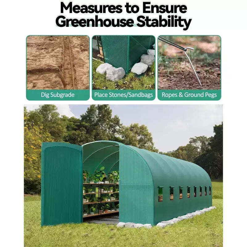 Walk-In Greenhouse Tunnel,Galvanized Steel Frame with 8 Mesh Ventilation Windows, Roll-Up Zipper Door, Durable PE Cover for Vegetables Flowers