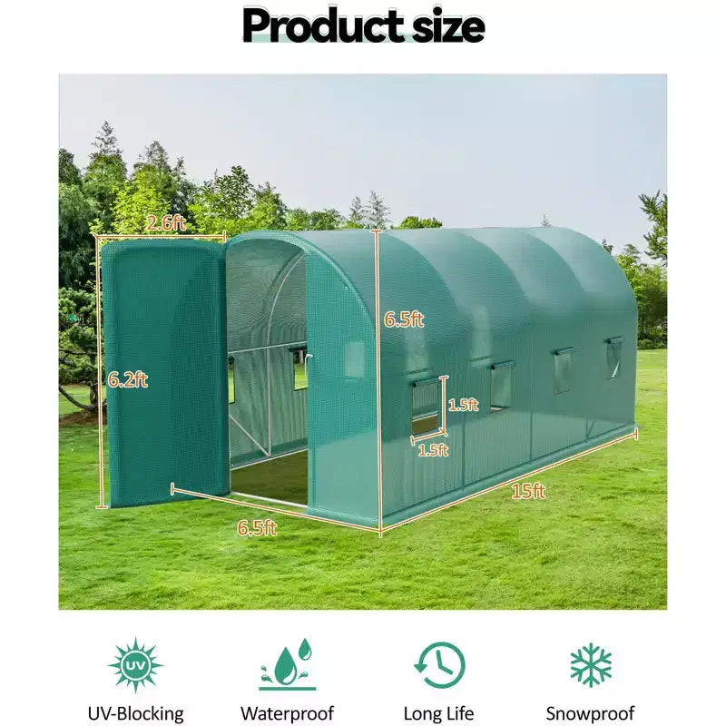 Walk-In Greenhouse Tunnel,Galvanized Steel Frame with 8 Mesh Ventilation Windows, Roll-Up Zipper Door, Durable PE Cover for Vegetables Flowers