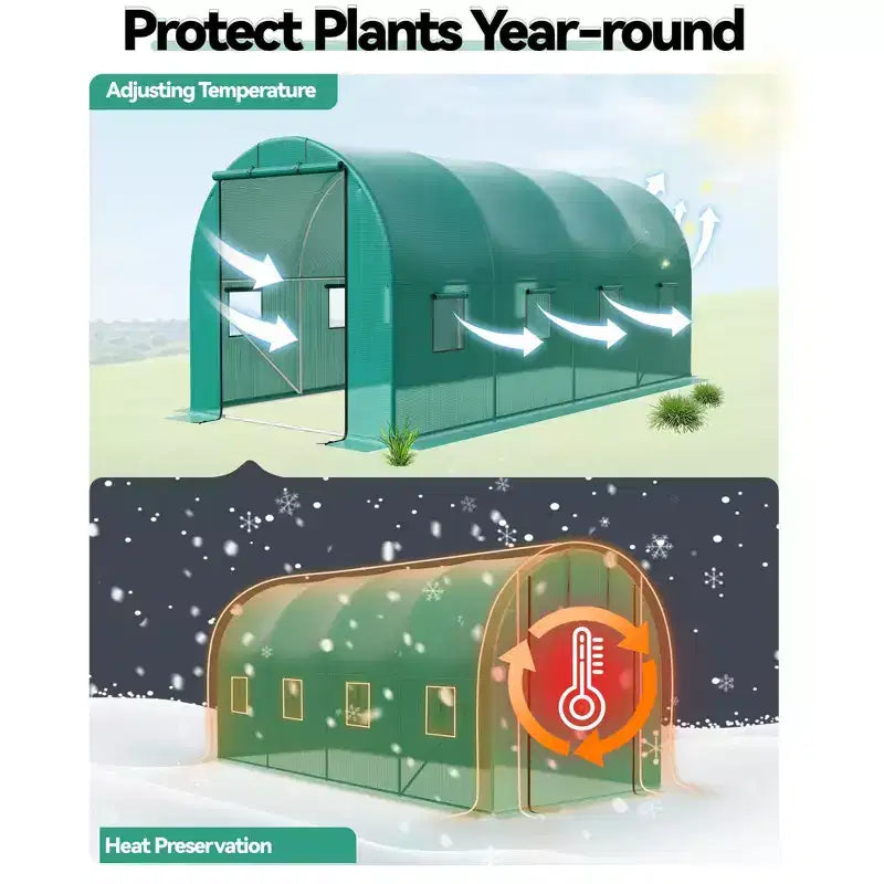 Walk-In Greenhouse Tunnel,Galvanized Steel Frame with 8 Mesh Ventilation Windows, Roll-Up Zipper Door, Durable PE Cover for Vegetables Flowers