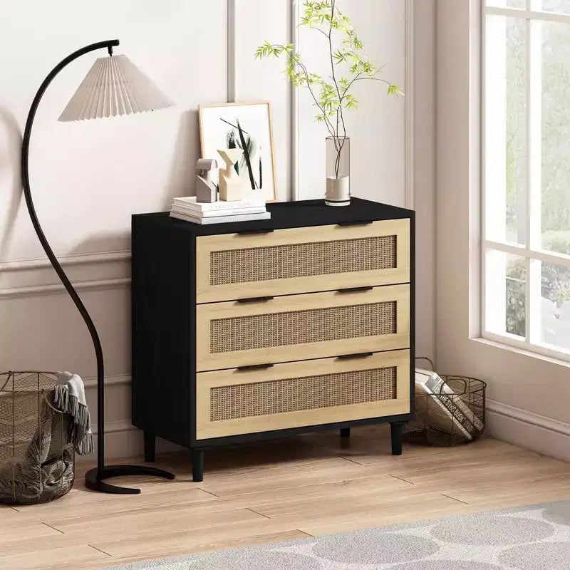 CuisinSmart Large Nightstand with Drawers, 31.5'' Rattan Dresser Nightstand with 3 Drawers for Living Room Bedroom
