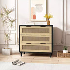 CuisinSmart Large Nightstand with Drawers, 31.5'' Rattan Dresser Nightstand with 3 Drawers for Living Room Bedroom