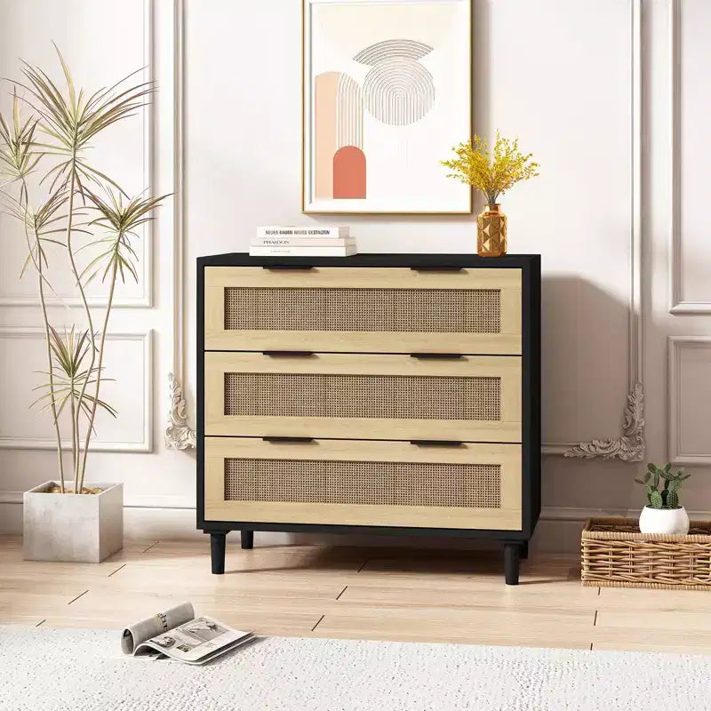 CuisinSmart Large Nightstand with Drawers, 31.5'' Rattan Dresser Nightstand with 3 Drawers for Living Room Bedroom