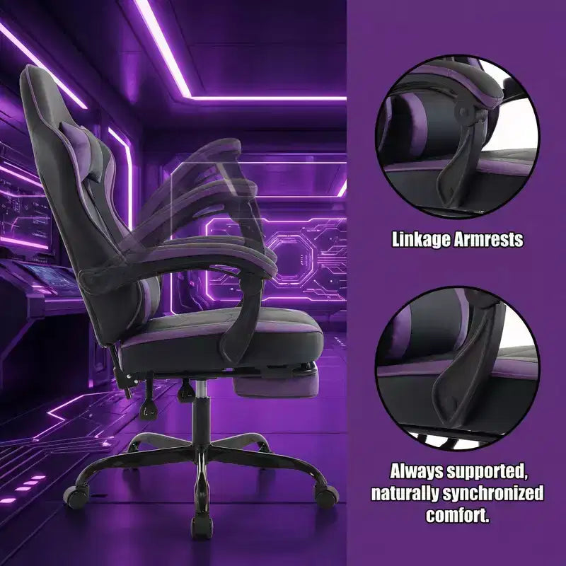 LauKingdom Gaming Chair with Footrest, Ergonomic Computer Chair, Height Adjustable Swivel, Massage Lumbar Support, Video Game Chair, Black & Purple