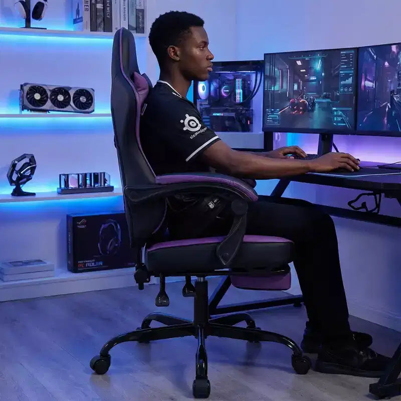 LauKingdom Gaming Chair with Footrest, Ergonomic Computer Chair, Height Adjustable Swivel, Massage Lumbar Support, Video Game Chair, Black & Purple