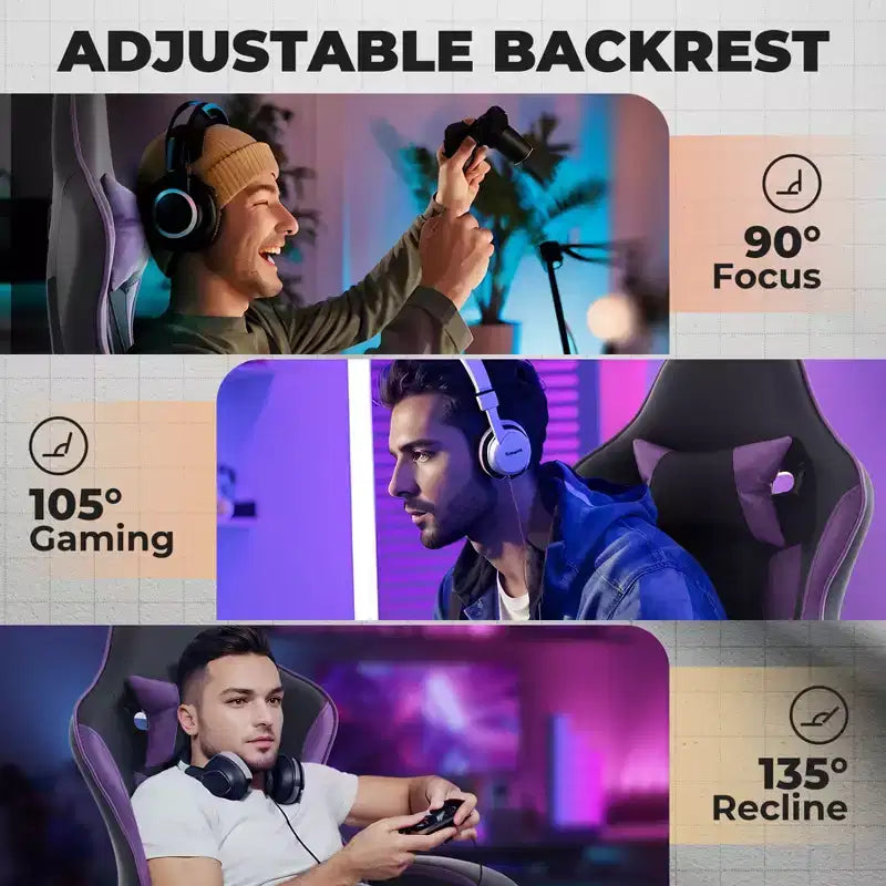 LauKingdom Gaming Chair with Footrest, Ergonomic Computer Chair, Height Adjustable Swivel, Massage Lumbar Support, Video Game Chair, Black & Purple