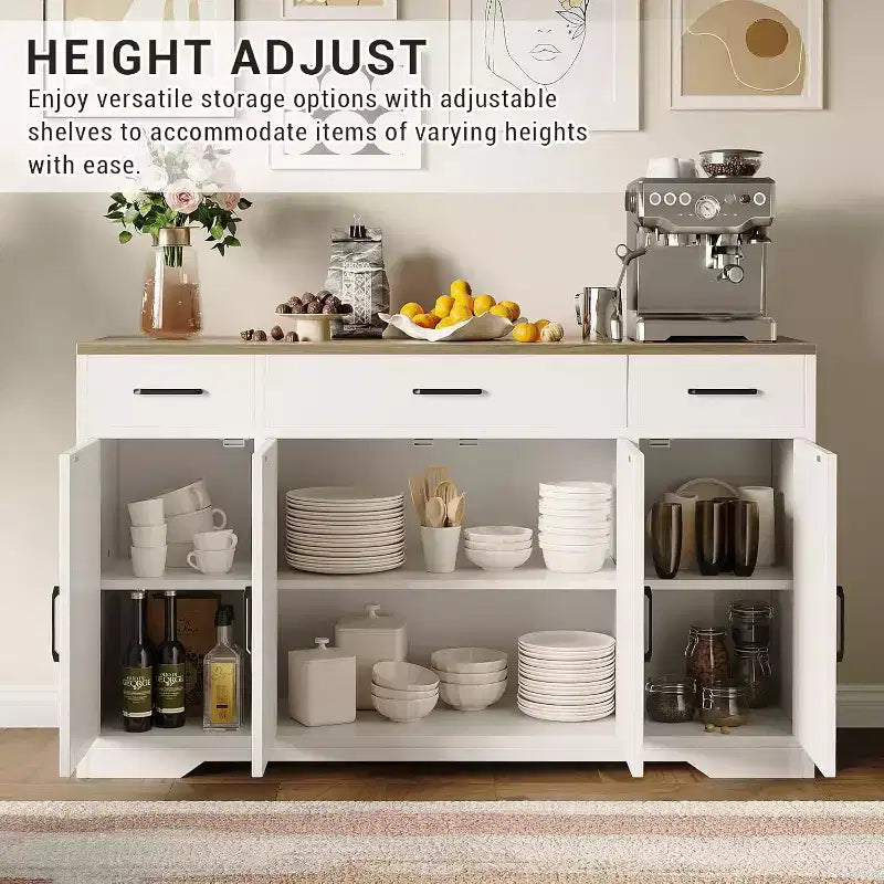Farmhouse Sideboard Buffet Cabinet with Storage  55 Large Kitchen Buffet with 3 Drawers, Wood Coffee Bar Station for Dining Room & Living Room