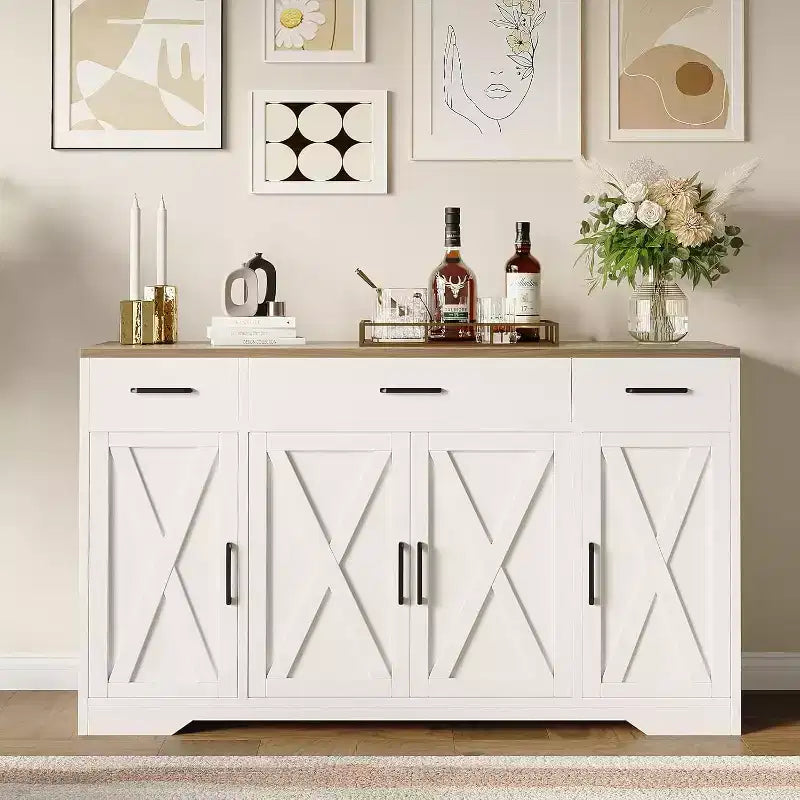 Farmhouse Sideboard Buffet Cabinet with Storage  55 Large Kitchen Buffet with 3 Drawers, Wood Coffee Bar Station for Dining Room & Living Room