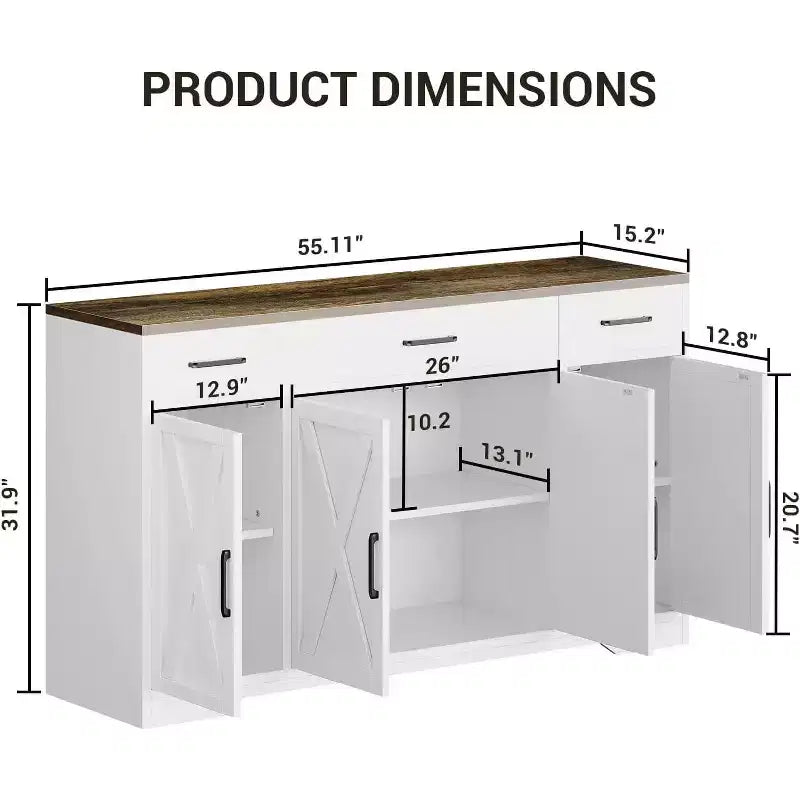 Farmhouse Sideboard Buffet Cabinet with Storage  55 Large Kitchen Buffet with 3 Drawers, Wood Coffee Bar Station for Dining Room & Living Room