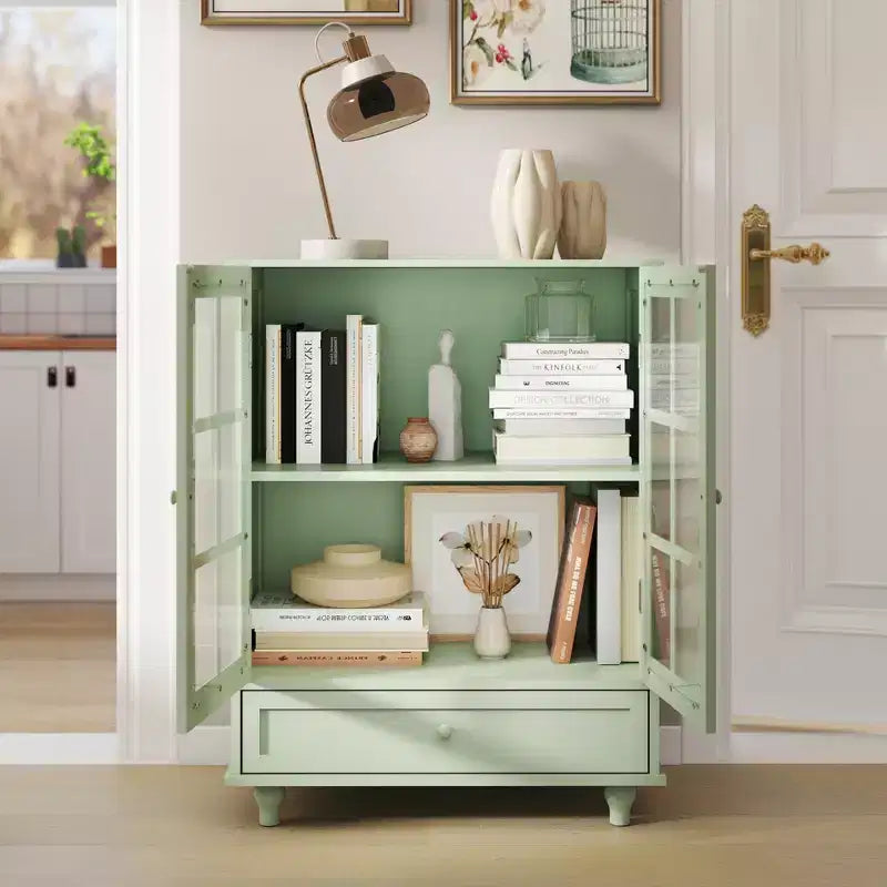 FurnitureR Minimalism Buffet Cabinet with Glass Doors and Drawer, Farmhouse Storage Cabinet for Dining Room, Kitchen, Living Room, Hallway Entryway