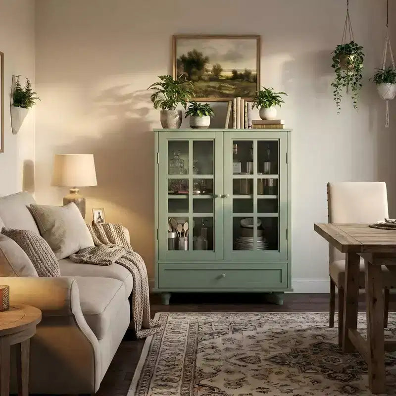 FurnitureR Minimalism Buffet Cabinet with Glass Doors and Drawer, Farmhouse Storage Cabinet for Dining Room, Kitchen, Living Room, Hallway Entryway