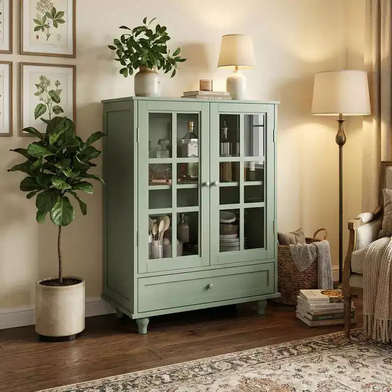 FurnitureR Minimalism Buffet Cabinet with Glass Doors and Drawer, Farmhouse Storage Cabinet for Dining Room, Kitchen, Living Room, Hallway Entryway