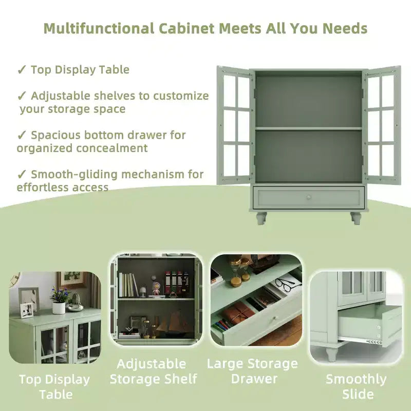 FurnitureR Minimalism Buffet Cabinet with Glass Doors and Drawer, Farmhouse Storage Cabinet for Dining Room, Kitchen, Living Room, Hallway Entryway