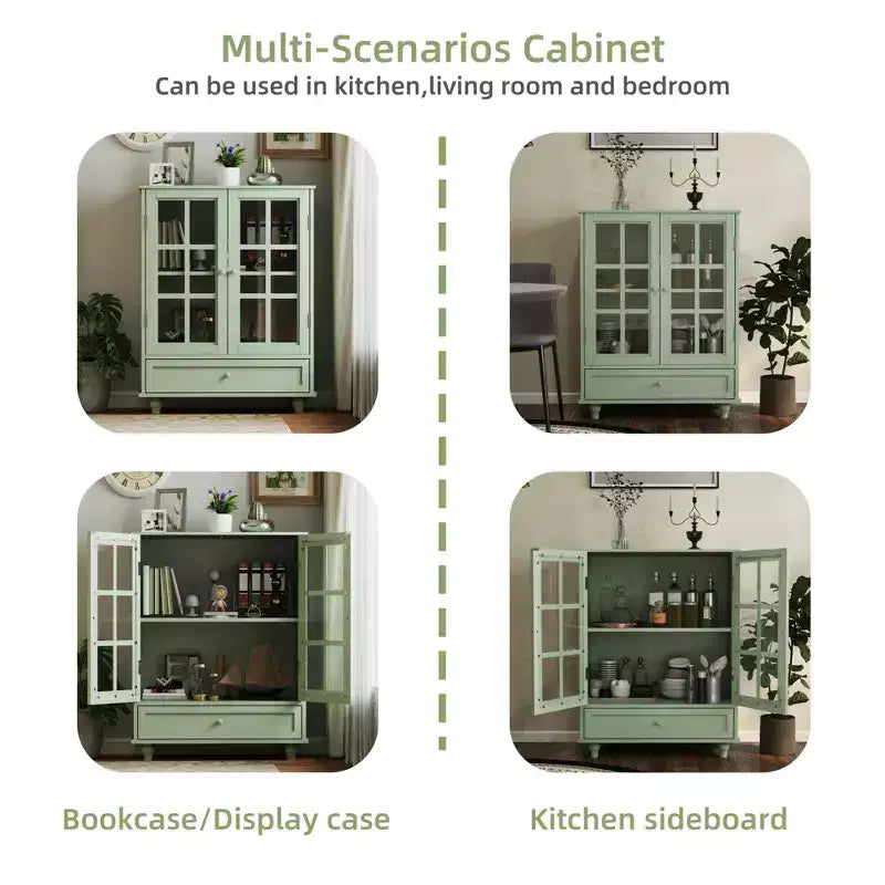FurnitureR Minimalism Buffet Cabinet with Glass Doors and Drawer, Farmhouse Storage Cabinet for Dining Room, Kitchen, Living Room, Hallway Entryway
