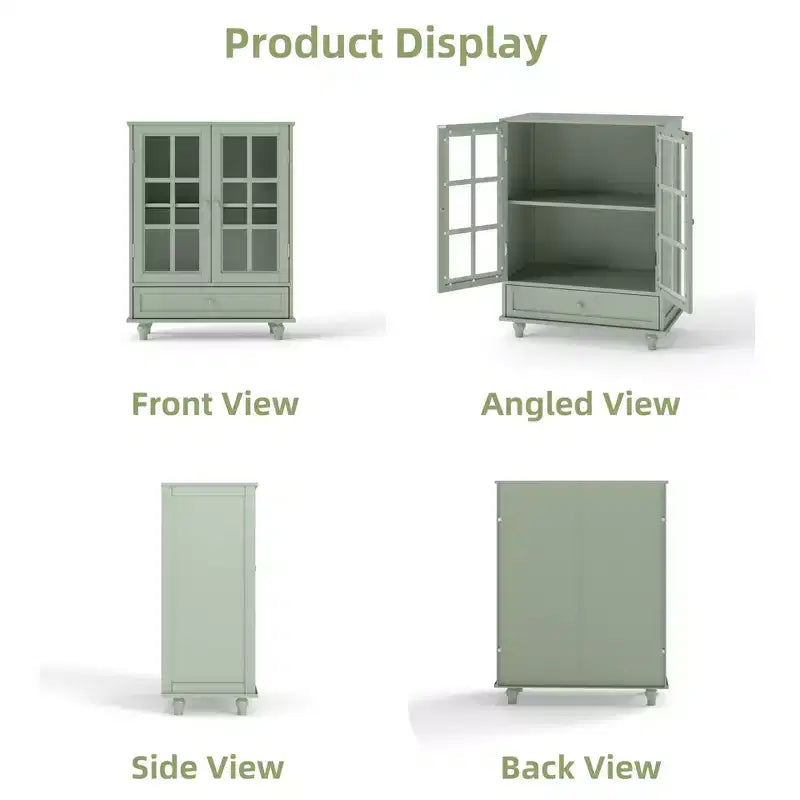 FurnitureR Minimalism Buffet Cabinet with Glass Doors and Drawer, Farmhouse Storage Cabinet for Dining Room, Kitchen, Living Room, Hallway Entryway
