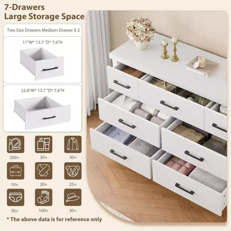 7-Drawer Dresser for Bedroom - Modern Wood Organizer with Metal Handles for Living Room Closet Entryway
