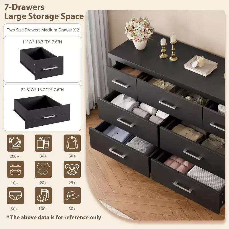 7-Drawer Dresser for Bedroom - Modern Wood Organizer with Metal Handles for Living Room Closet Entryway