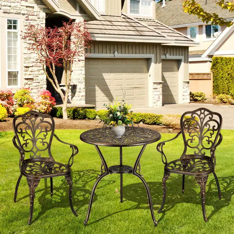 3-Piece Cast Aluminum Patio Bistro Set - Round Table & 2 Chairs with Umbrella Hole, All-Weather Outdoor Furniture for Porch Backyard