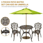3-Piece Cast Aluminum Patio Bistro Set - Round Table & 2 Chairs with Umbrella Hole, All-Weather Outdoor Furniture for Porch Backyard