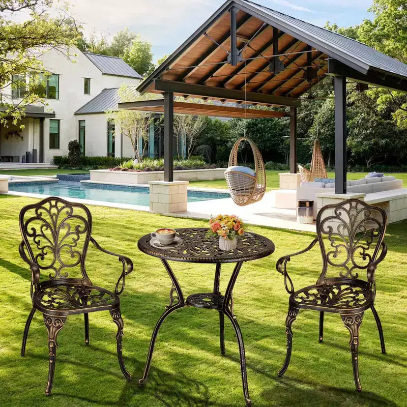 3-Piece Cast Aluminum Patio Bistro Set - Round Table & 2 Chairs with Umbrella Hole, All-Weather Outdoor Furniture for Porch Backyard