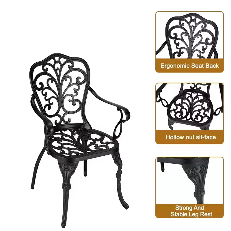 3-Piece Cast Aluminum Patio Bistro Set - Round Table & 2 Chairs with Umbrella Hole, All-Weather Outdoor Furniture for Porch Backyard