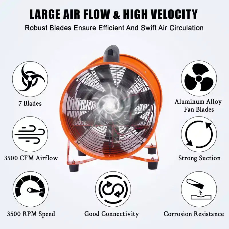 Fan, Blower Fan  Heavy Duty 12-Inch Portable Blower Fan, 580W High-Speed Motor with 3500 CFM Airflow, 32.8FT Flexible Duct, Low Noise Exhaust