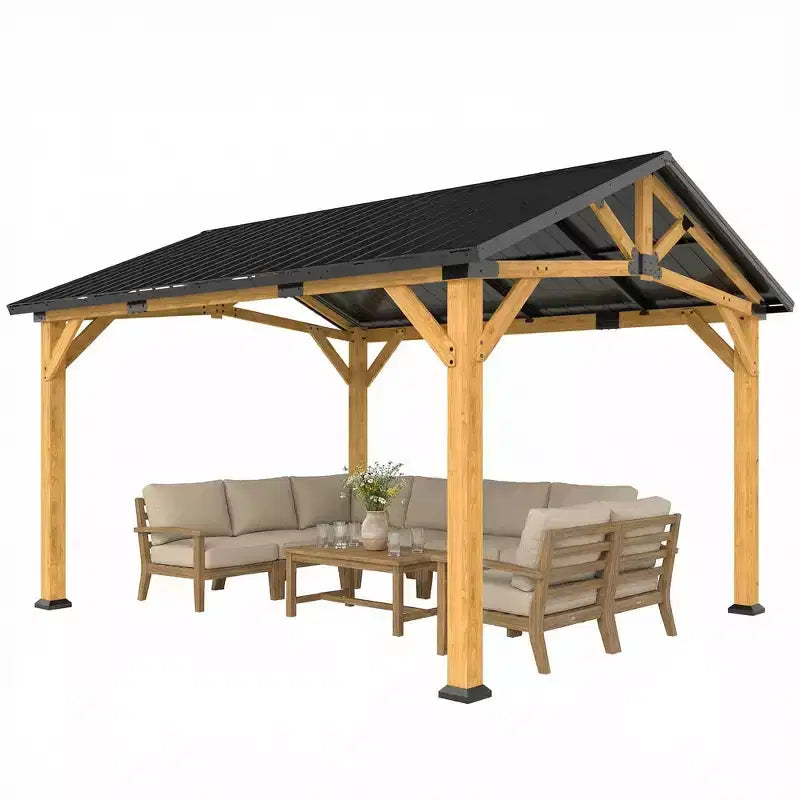 Outsunny 13' x 11' Hardtop Gazebo Canopy with Galvanised Metal Roof, Fir Wood Frame, Permanent Pavilion Outdoor Gazebo with Central Hook, Black Gray