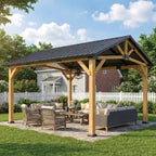 Outsunny 13' x 11' Hardtop Gazebo Canopy with Galvanised Metal Roof, Fir Wood Frame, Permanent Pavilion Outdoor Gazebo with Central Hook, Black Gray