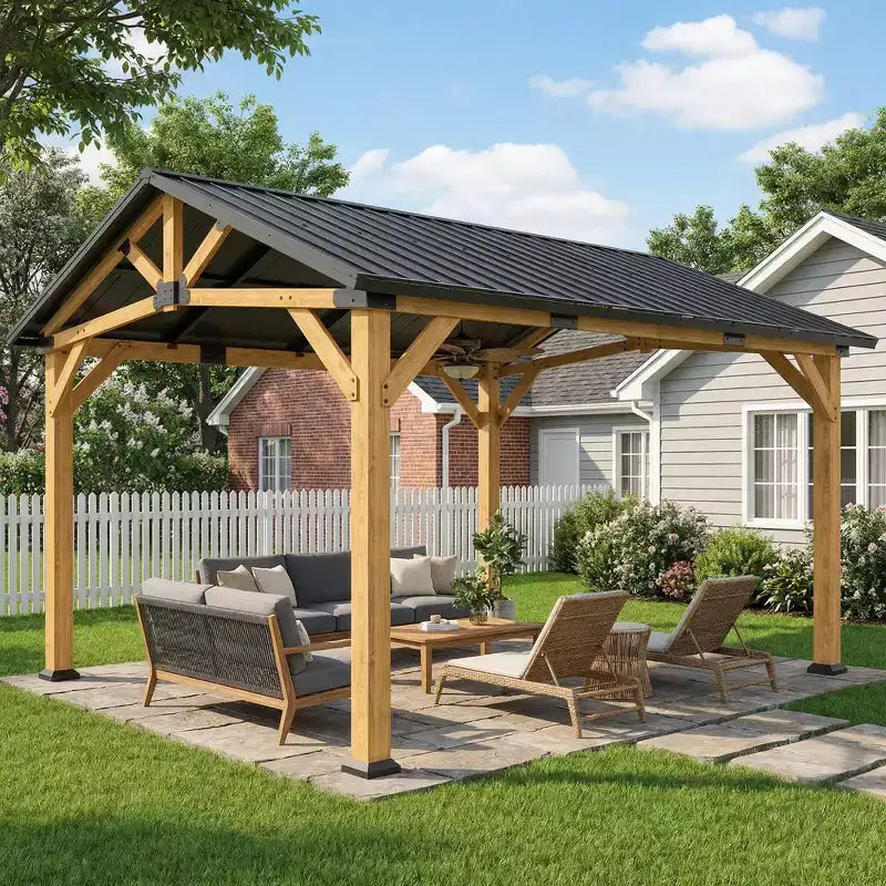 Outsunny 13' x 11' Hardtop Gazebo Canopy with Galvanised Metal Roof, Fir Wood Frame, Permanent Pavilion Outdoor Gazebo with Central Hook, Black Gray