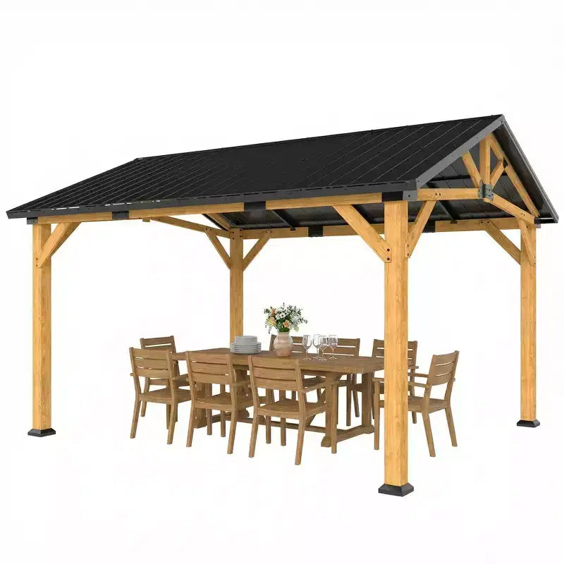Outsunny 13' x 11' Hardtop Gazebo Canopy with Galvanised Metal Roof, Fir Wood Frame, Permanent Pavilion Outdoor Gazebo with Central Hook, Black Gray