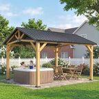 Outsunny 13' x 11' Hardtop Gazebo Canopy with Galvanised Metal Roof, Fir Wood Frame, Permanent Pavilion Outdoor Gazebo with Central Hook, Black Gray