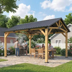 Outsunny 13' x 11' Hardtop Gazebo Canopy with Galvanised Metal Roof, Fir Wood Frame, Permanent Pavilion Outdoor Gazebo with Central Hook, Black Gray