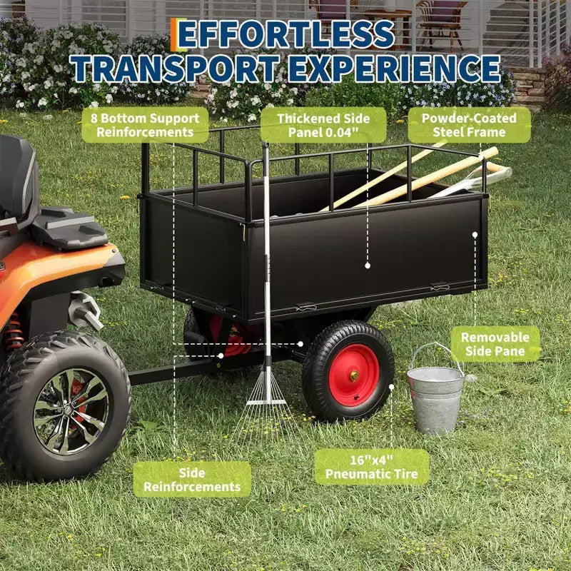 Dump Cart, Utility Trailer  ATV UTV Tow Behind Dump Cart, 1600 lbs Capacity 22 Cubic Feet Heavy Duty Yard Garden Trailer with Removable Sides