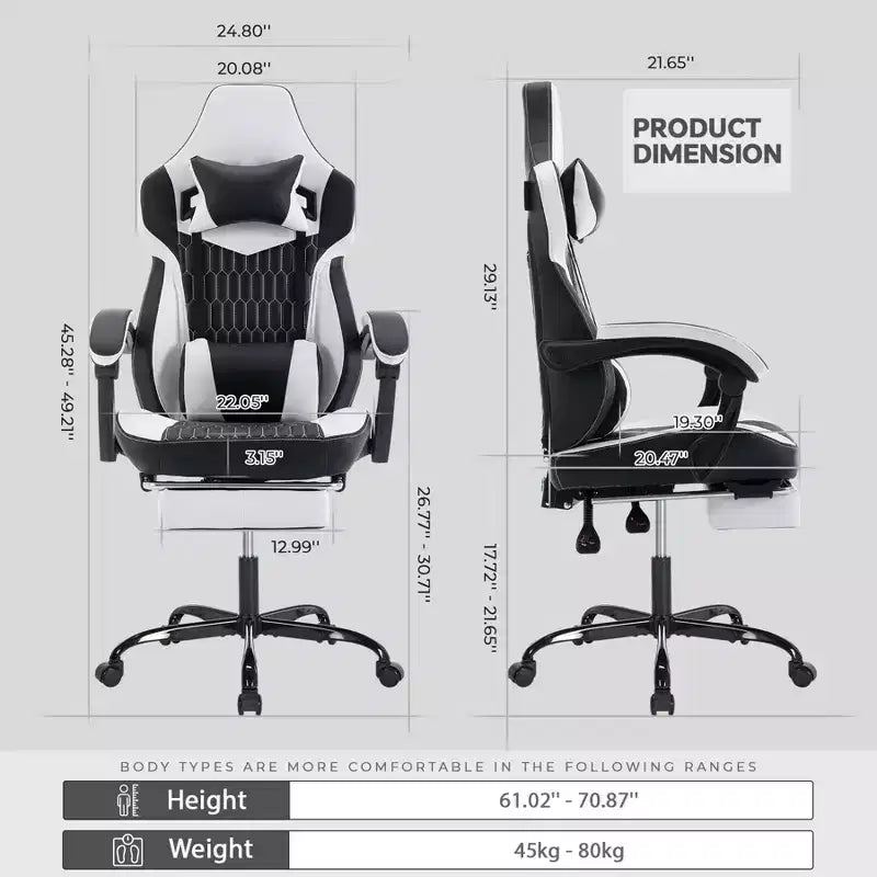 LauKingdom Gaming Chair with Footrest, Ergonomic High-Back Gamer Chair, Adjustable Headrest & Lumbar, PU Leather Racing Style for Office & Home