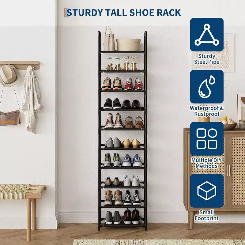 10-Tier Sturdy Metal Shoe Rack with Removable Fabric Shelves, Tall Space-Saving Corner Organizer for Closet, Entrance, Living Room