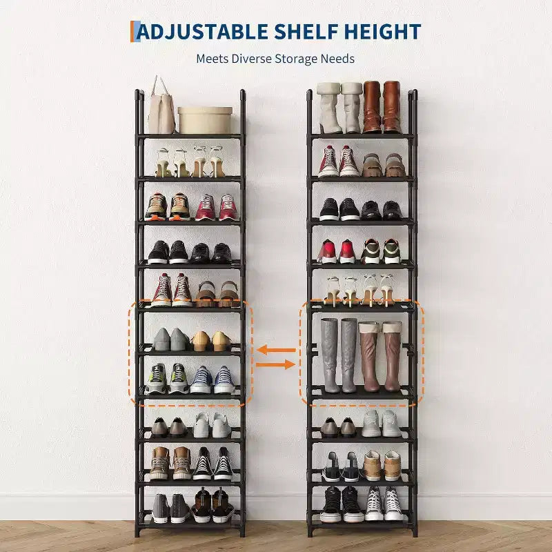 10-Tier Sturdy Metal Shoe Rack with Removable Fabric Shelves, Tall Space-Saving Corner Organizer for Closet, Entrance, Living Room